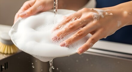 Fototapeta premium Woman Washing Dishes with Soap Suds in Kitchen Sink