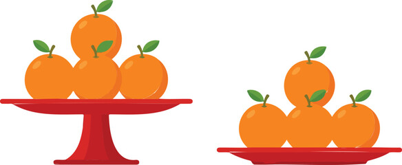 Fresh oranges stacked on red serving stands with green leaves, healthy fruit arrangement vector illustration for kitchen and food design © ABUSAYED