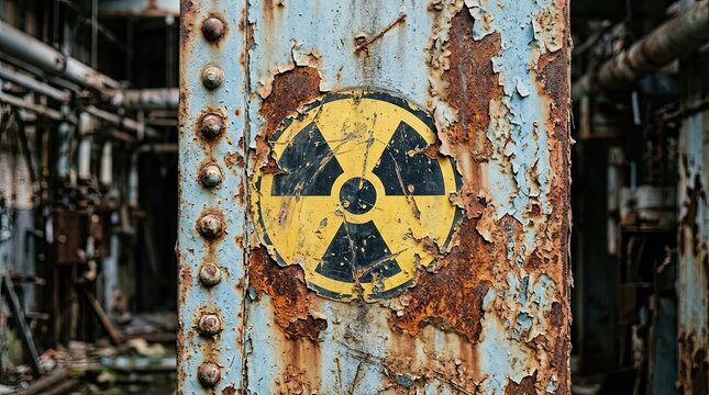 Weathered radioactive hazard symbol on heavily rusted and peeling blue metal panel in abandoned industrial facility symbolizing danger