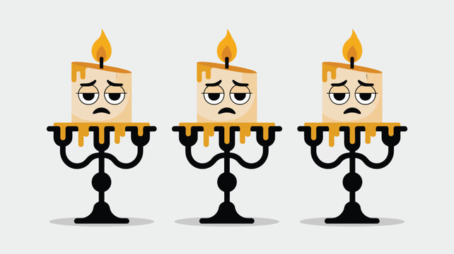 Three unhappy melting candles illuminating darkness on decorative candelabras