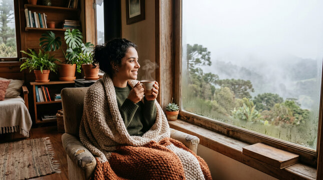 Cozy Brazilian winter morning at home, woman holding a steaming mug wrapped in a soft knitted blanket near a window with light fog, authentic Brazilian home atmosphere