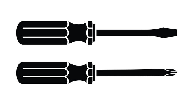 Two screwdrivers one flathead and one phillips depicted as a black silhouette screwdriver crosshead tool tools hand hardware