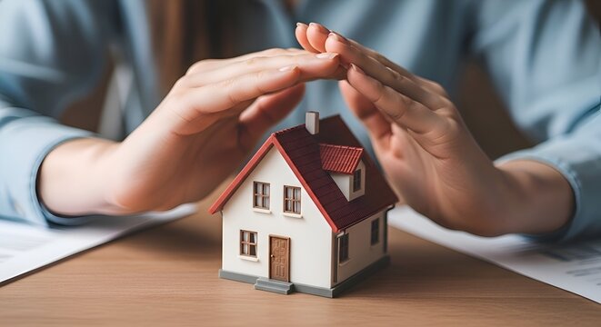 Hands Protecting Miniature House: Home Insurance Concept