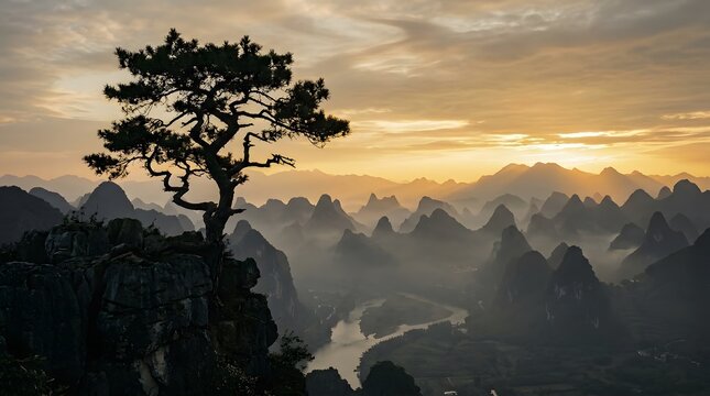Dramatic landscape lone pine tree perched on cliff overlooking misty mountain river at sunset