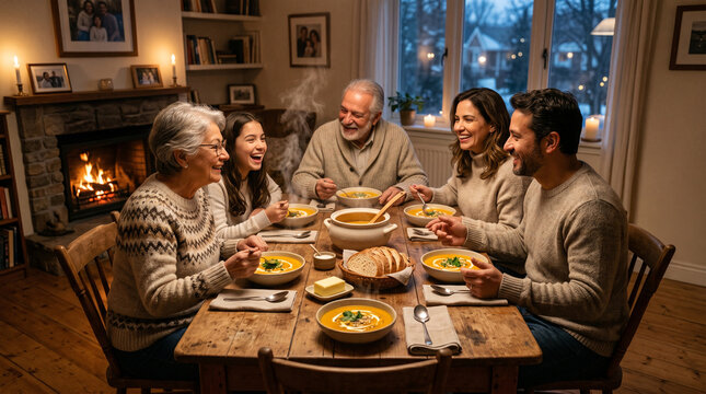 Brazilian family enjoying homemade pumpkin soup at a rustic wooden dining table during winter, cozy home environment