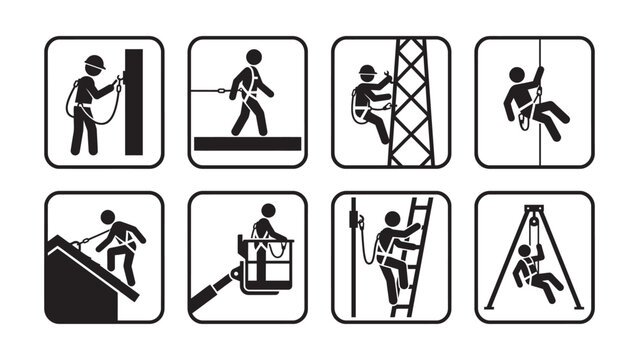 Set of industrial safety icons for working at heights and fall protection.