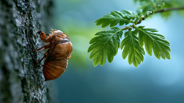 Empty cicada shell on tree bark with green leaves, symbolic transformation in soft morning light.