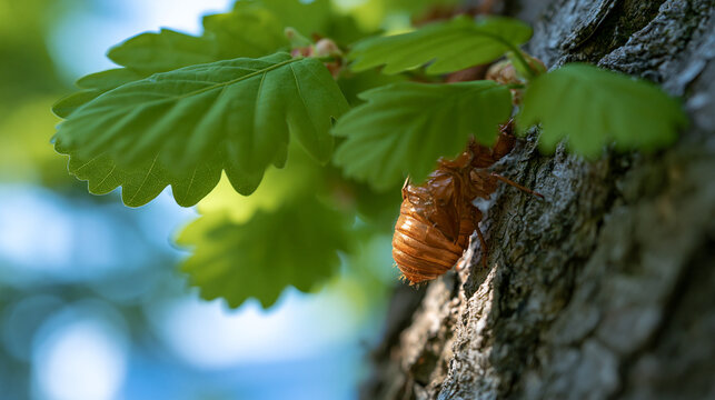 Empty cicada shell on tree bark with green leaves, symbolic transformation in soft morning light.