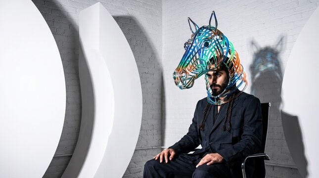 Man Wearing Colorful Horse Head Mask in Business Suit