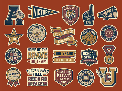 Vintage University Sports Spirit and School Pride Athletic Badge Collection Retro Championship Sticker Set for College Apparel Graphic Design Alumni Branding and Fan Merchandise
