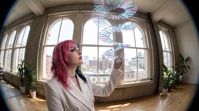 Woman with Pink Hair Holding Floating Books by Window
