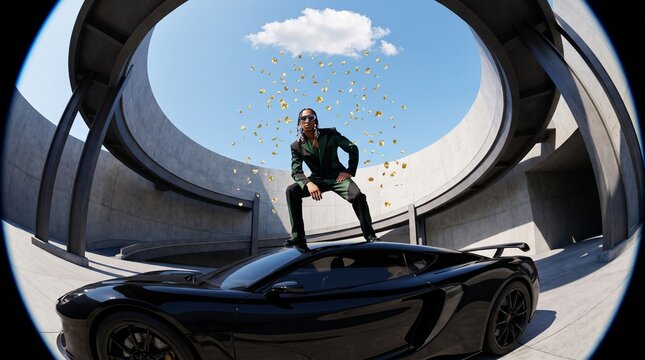 Successful Man Standing on Luxury Car Raining Gold