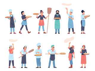 Fototapeta premium Pizza chef characters. Professional pizzeria chefs making dough and blanks. Tasty pizza, italian style food with cheese and sausages, recent vector set