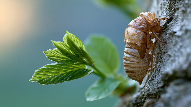 Empty cicada shell on tree bark with green leaves, symbolic transformation in soft morning light.