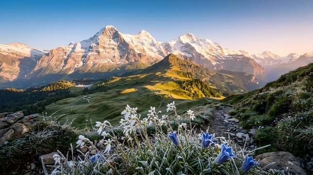 Majestic swiss alps landscape with wildflowers in foreground at golden hour