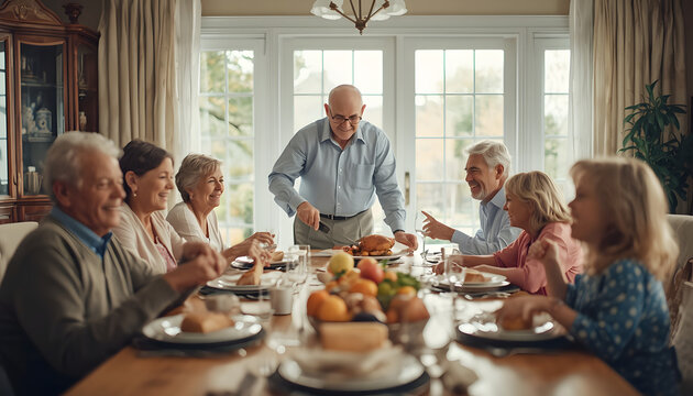 Large multi-generational family enjoying a festive dinner together at home, senior man carving roasted turkey, happy celebration concept.
