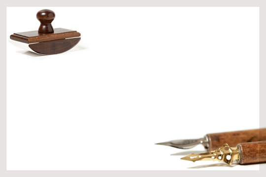 Vintage office frame on white background isolated with ink blotter and dip fountain pens copy space template