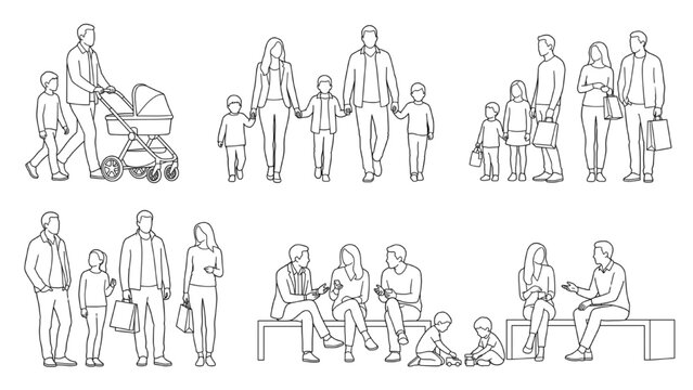 Architectural CAD Family Figures Set, Parents with Children, Stroller Pushing, Family Walking, Sitting, Waiting and Talking Poses, Residential Community Lifestyle Concept, Urban Housing Development Hu