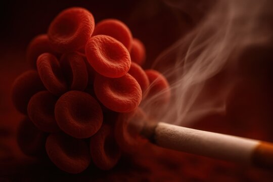 Microscopic view of biconcave red blood cells forming a cluster alongside a smoking cigarette with toxic smoke