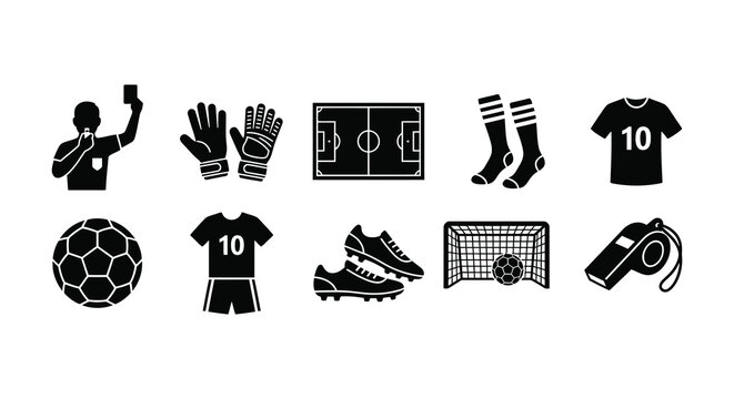 Soccer Icons Set Black Silhouette On White Background