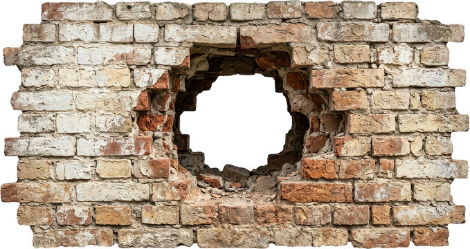 Textured old weathered brick wall with a large circular hole revealing a bright white void showing signs of decay and damage broken grunge damaged destruction exterior architecture