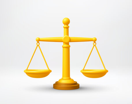 Yellow scale of justice 3D icon. Law and order symbol with balance concept. Legal courtroom equipment for litigation, judgment, verdict, equality and fair trial. Isolated graphic element.
