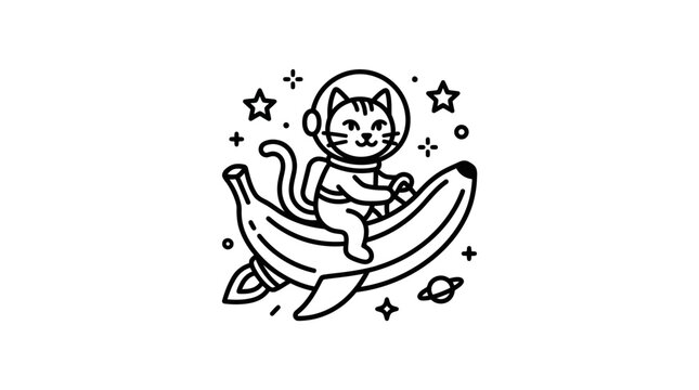 Cat Wearing Helmet Riding Banana Space.