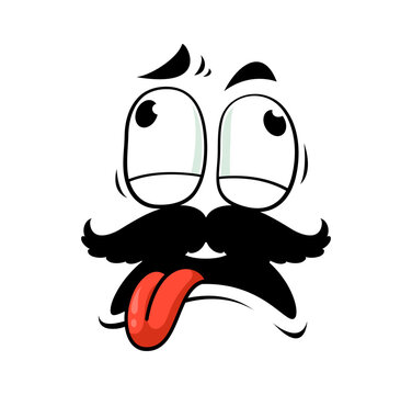 Upset tired face, cartoon emoji with moustaches for emotion expression or emoticon. Dazed face with hanging tongue and rolled up eyes in shocked or dazed and exhausted look for knackered cartoon emoji