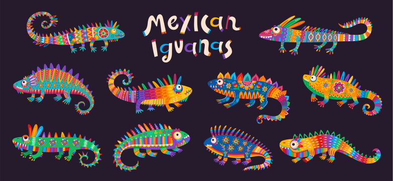 Mexican iguana animal characters of colorful lizards with Mexico folk art pattern. Mexican desert funny iguana lizards set with vivid color floral ornaments of talavera flowers and geometric shapes