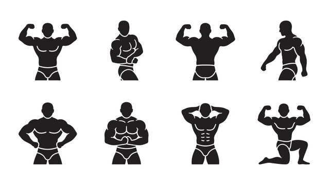 Set of black silhouettes of bodybuilders in various poses.