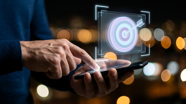 Man holding smartphone with holographic target and arrow on screen interface