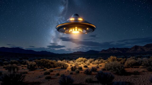 dramatic and mysterious UFO hovers over a vast desert landscape under a breathtaking starlit night sky, its glowing lights illuminating the terrain below. Extraterrestrial life, unexplained phenomena