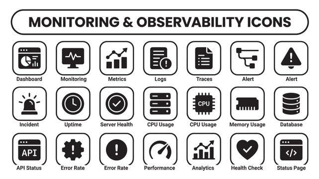 Monitoring and observability icons set for network performance server health data analytics and system telemetry dashboards