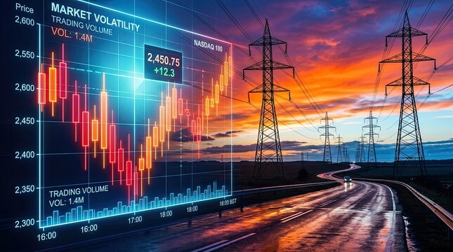 Dynamic stock market volatility graph with trading volume data overlaid on a scenic sunset industrial landscape featuring power lines and a wet road symbolizing financial markets