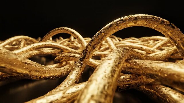 Abstract interwoven golden threads sparkling with glitter, close-up texture, luxury background, luxury, wealth, success, finance, celebration