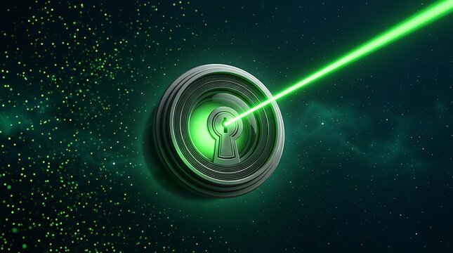 Metallic lock mechanism with a glowing green keyhole being scanned by a laser beam in dark space representing level digital security systems
