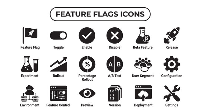 Feature flags icons collection for modern software development product management toggle release management beta testing experimentation percentage rollout and configuration management