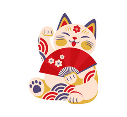 Cartoon Japanese Maneki Neko lucky cat holds red Asian fan while raising one paw in a welcoming gesture. Toy symbolizes good fortune and prosperity. Isolated traditional souvenir in Japanese culture