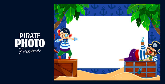 Kids photo frame with sloth and monkey animal pirates in corsair costume on sandy tropical beach with treasure chest, crate, palm trees. Anchor patterned background template for birthday party photos