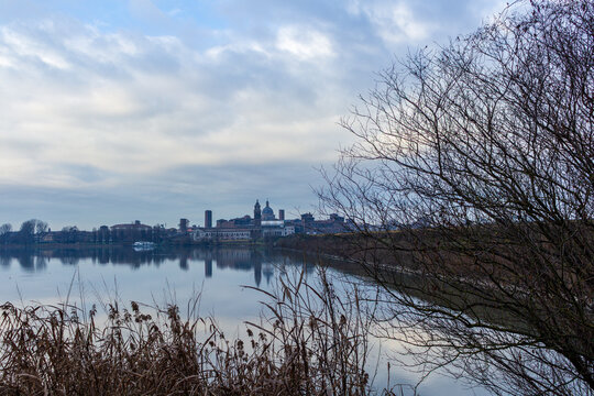 Morning Panorama of Mantua Across Lago di Mezzo, Lombardy, Italy
