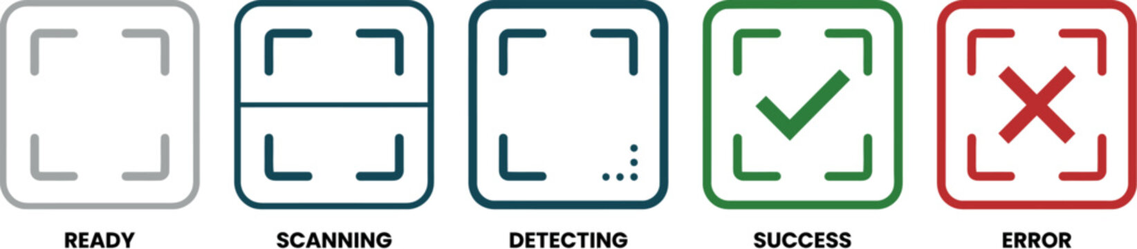 QR Code Scanner Status State Icon Set with Ready Scanning Detecting Success and Error States Vector for Mobile App UI UX Development Technology and Digital Interaction Design
