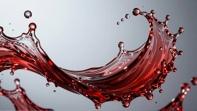 Red liquid splashing, creating dynamic curves and drops