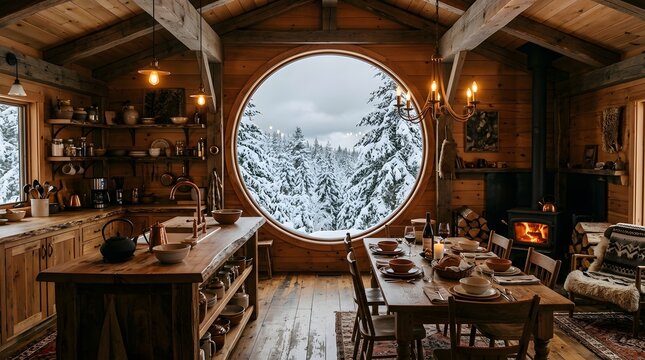 Cozy rustic cabin interior with large round window overlooking snowy winter forest landscape
