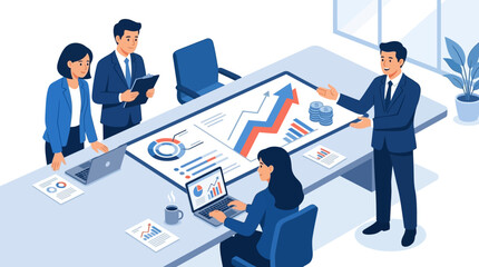 Naklejka premium Business team analyzing financial charts in office meeting.