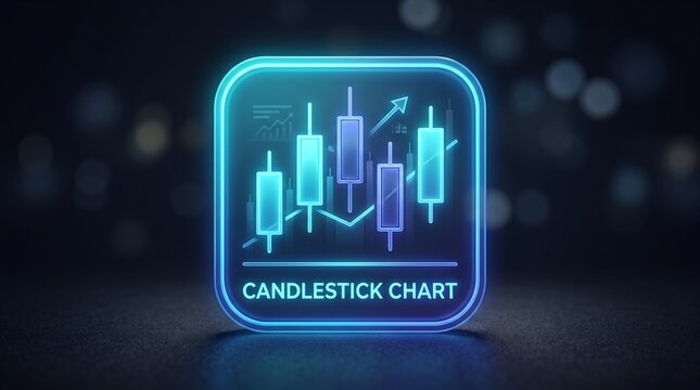 Glowing Neon Candlestick Chart Icon For Financial Mobile Application