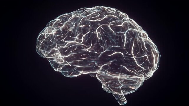Luminescent human brain silhouette with glowing lines on a black background