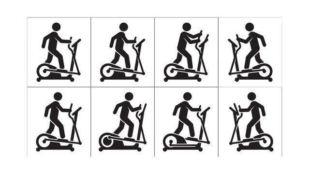 Set of flat black icons representing people exercising on elliptical trainers.