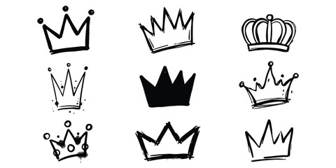 Set of black hand drawn crown icons with sketch style and graffiti textures © md