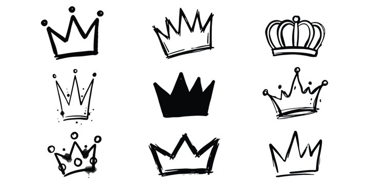 Set of black hand drawn crown icons with sketch style and graffiti textures