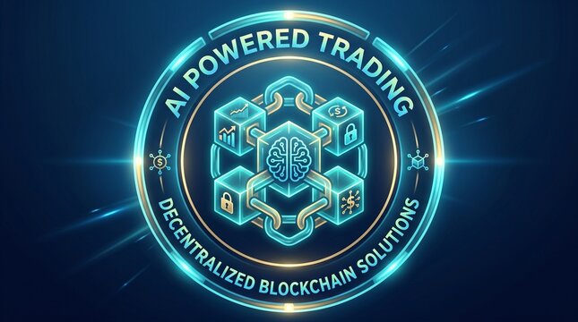 AI Powered Trading Emblem With Decentralized Blockchain Solutions, Neon Financial Technology And Crypto Security